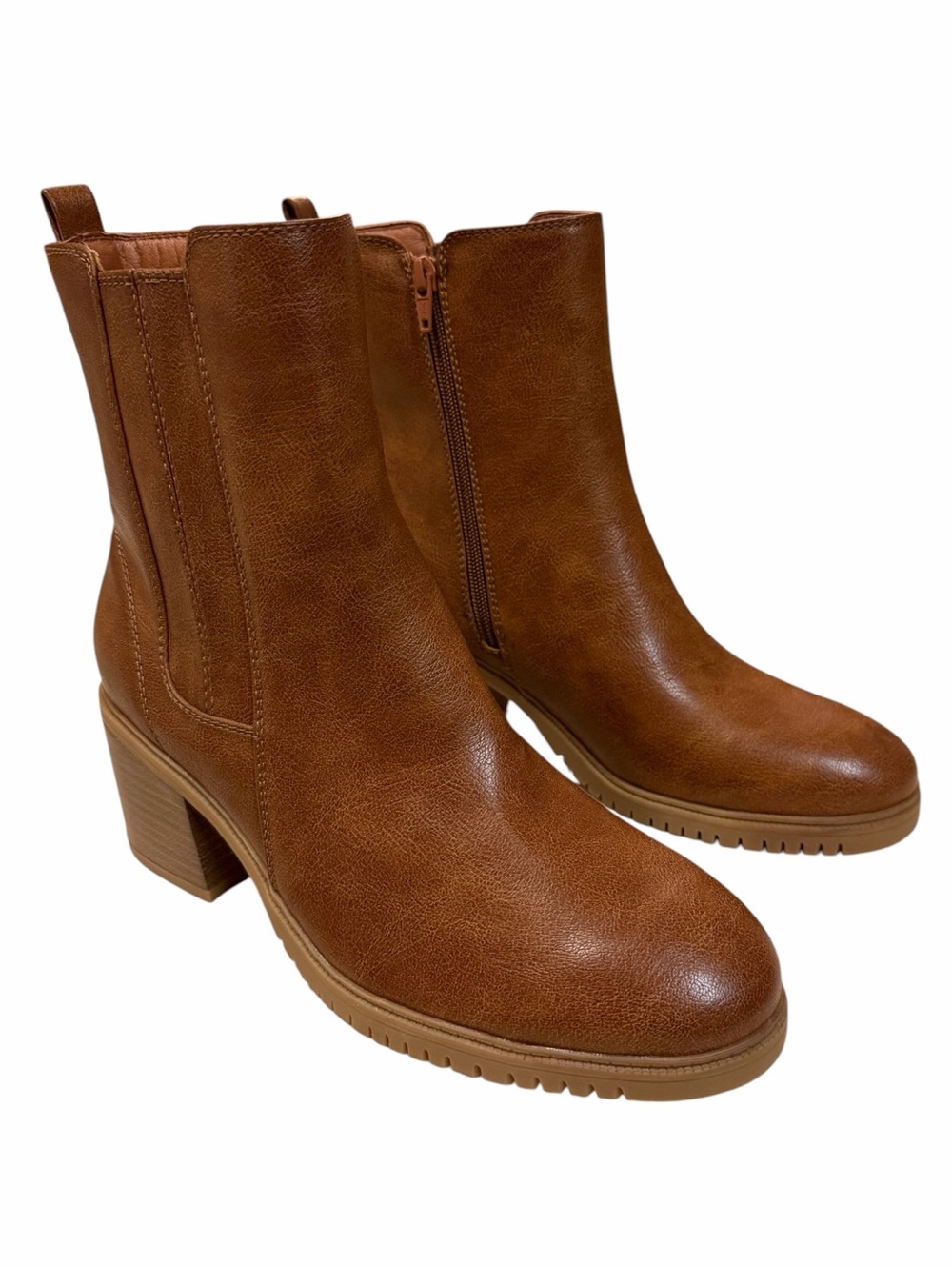 BareTraps Women Feeney 10M Brown Faux Leather Ankle Boots Side Zip Block Heel